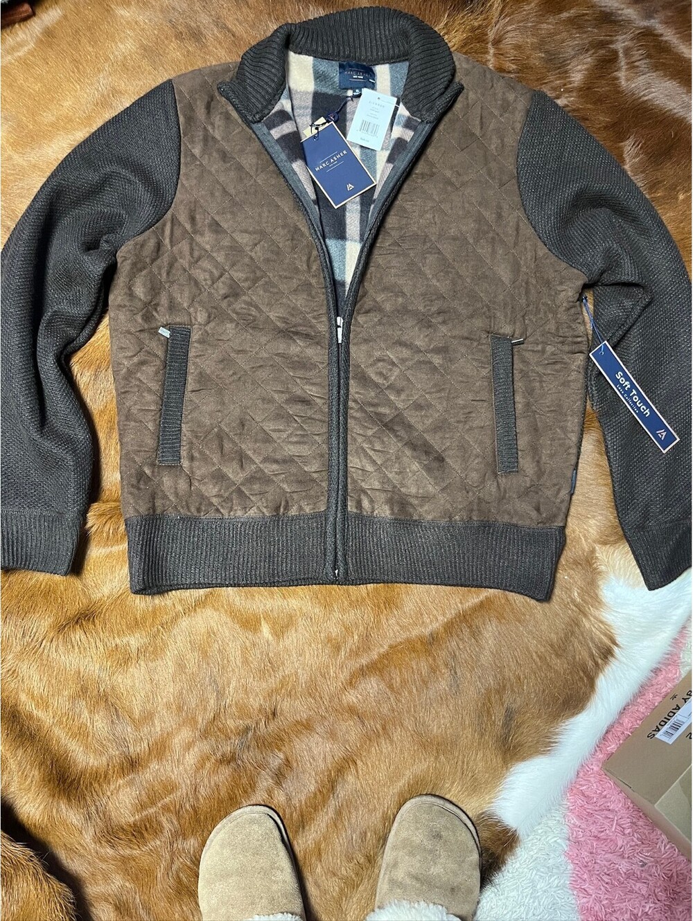 Alpaca Cashmere Brown Quilted Zip Front Sweater Jacket